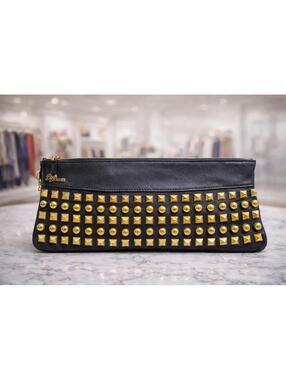 Black Studded Clutch Wristlet Gold Pyramid Stud Hand Bag Zip
